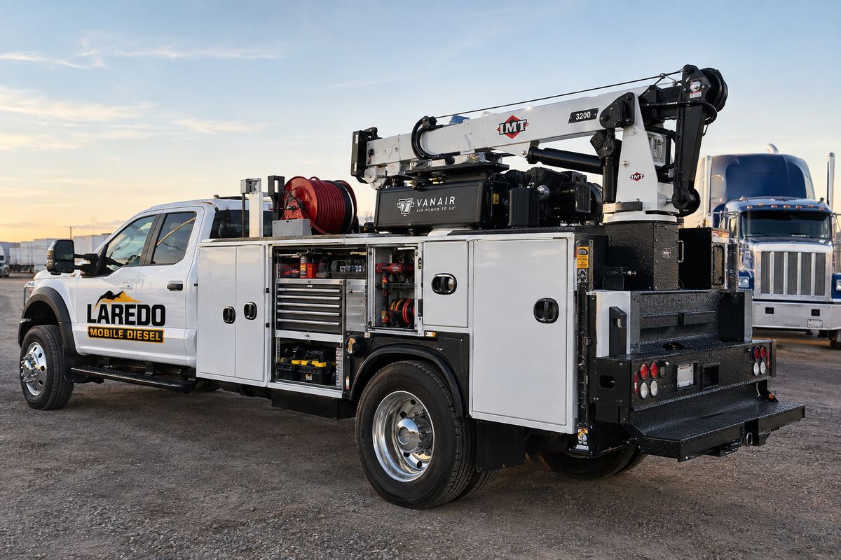 Mobile diesel service truck with a crane, air compressor, and tool compartments