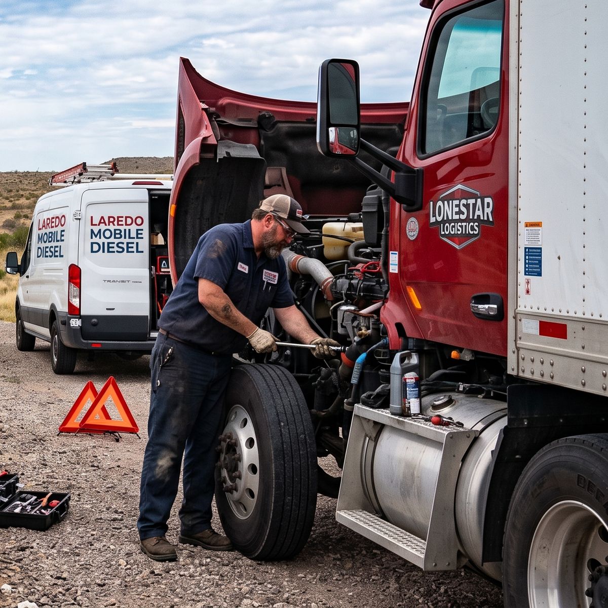 Mobile diesel mechanic working on a semi truck engine on a highway shoulder, service van parked behind