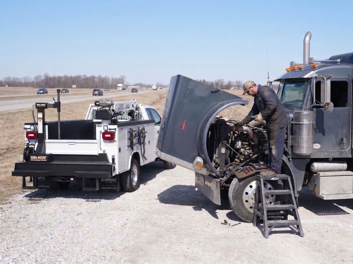 Mobile diesel mechanic repairing a semi truck engine on a highway shoulder next to a service truck