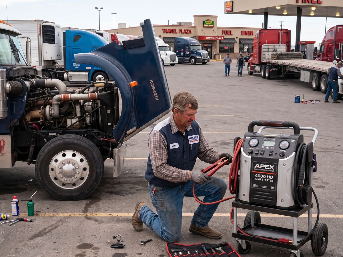 Mechanic connecting a heavy-duty jump starter to a semi truck at a truck stop