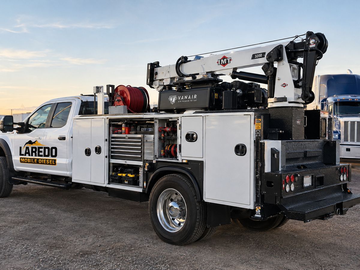 Mobile diesel service truck with a crane, air compressor, and open tool compartments in a truck yard